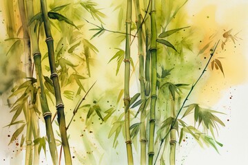 Artwork of bamboo and leaves painted in watercolor. Generative AI