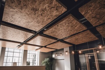 Obraz na płótnie Canvas Ceiling-mounted wood wool fibre panels in an office for acoustic insulation with a close view. Generative AI