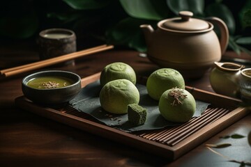 Traditional Japanese sweet: matcha with mochi or daifuku. Generative AI