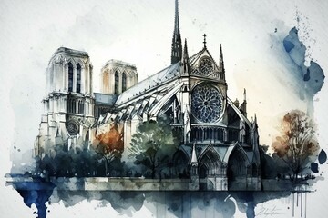 Stunning watercolor artwork of Paris' Notre Dame. Generative AI