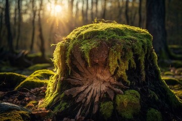 Sun-kissed tree trunk with moss on a bright day. Generative AI