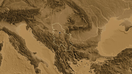 Shape of Serbia. Outlined. Sepia elevation.
