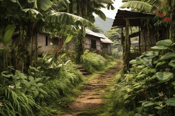 rustic coffee plantation path with surrounding foliage