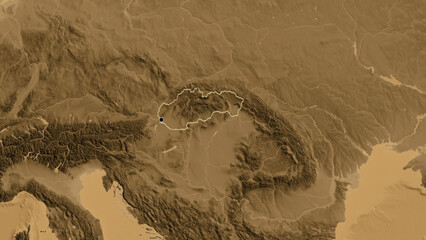 Shape of Slovakia. Outlined. Sepia elevation.