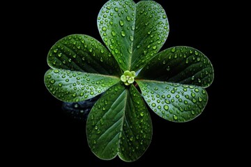 Illustration of a close-up view of a four-leaf clover covered in glistening water droplets, created with Generative AI technology
