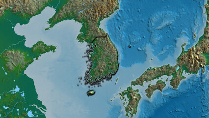 Shape of South Korea. Bevelled. Physical.