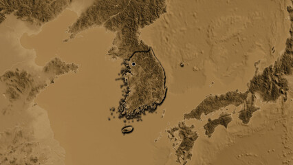 Shape of South Korea. Bevelled. Sepia elevation.