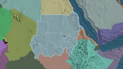 Shape of Sudan with regional borders. Administrative.