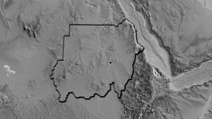 Shape of Sudan. Bevelled. Grayscale.
