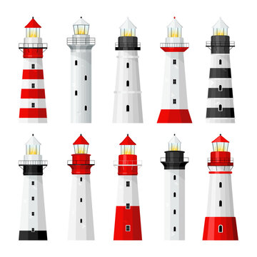 Set of colorful coastal Lighthouses in flat design