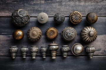 set of antique door knobs with different shapes and textures