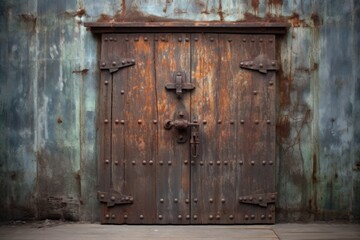 Fototapeta na wymiar rustic iron door on weathered wooden surface