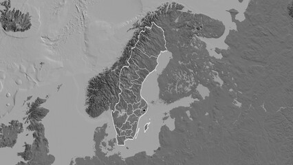 Shape of Sweden with regional borders. Bilevel.