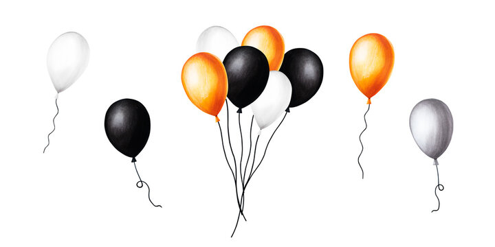 Watercolor Halloween set with bunch of balls illustration and balls on a string. Hand painting orange, black, white balloon sketch isolated on white background. For designers, decoration, shop, for p