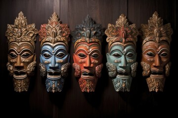 traditional balinese masks in a row - obrazy, fototapety, plakaty