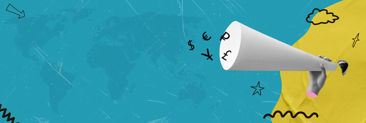 Contemporary art collage. Conceptual design. Human hands with megaphones and speech shouting currencies to insert text.