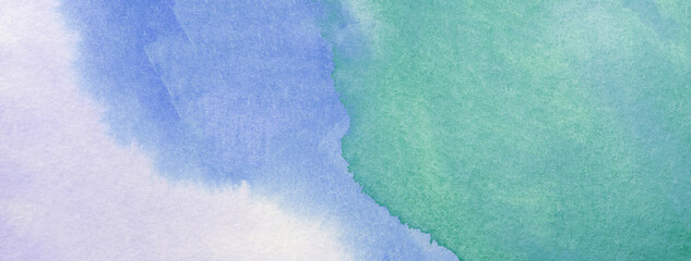 Abstract art background light blue, white and green colors. Watercolor painting on canvas with soft cyan gradient.