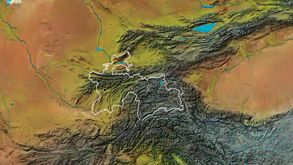 Shape of Tajikistan. Outlined. Topographic.