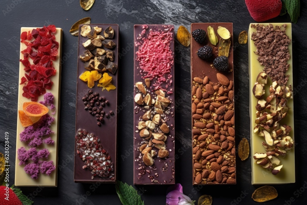 Sticker artisanal chocolate bars with various unique toppings