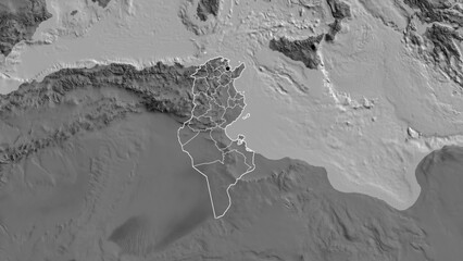 Shape of Tunisia with regional borders. Bilevel. © zelwanka