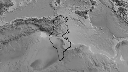 Shape of Tunisia. Bevelled. Grayscale. © zelwanka
