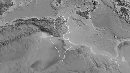 Shape of Tunisia. Outlined. Grayscale. © zelwanka
