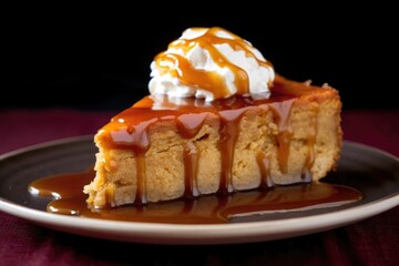 pumpkin pie with a dollop of whipped cream and caramel drizzle