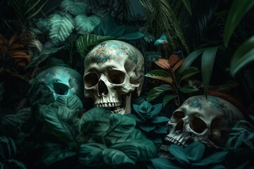 Skulls and tropical flora merged. Generative AI