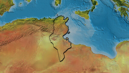 Shape of Tunisia. Bevelled. Topographic.