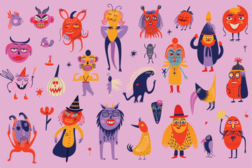 Vibrant bright Strange ugly Halloween characters. Cute bizarre comic characters in modern flat hand drawn childish style