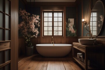 Fototapeta na wymiar Minimalistic Japanese-inspired bathroom with wooden bathtub, paper door, cotton flowers, parquet floor, and wallpaper. Generative AI
