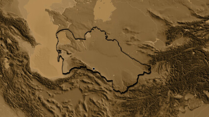 Shape of Turkmenistan. Bevelled. Sepia elevation.