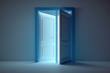 Blue-white 3D illustration of a lit open door. Generative AI