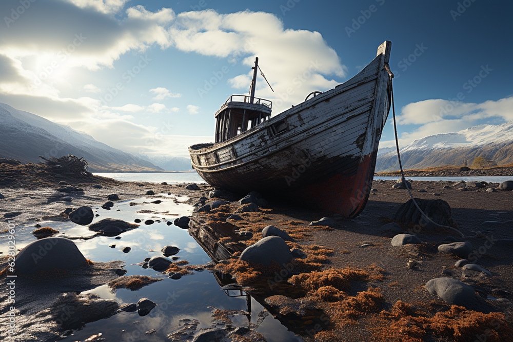 Poster shipwreck stranded on a desolate beach, its skeletal remains standing as a testament to the power of