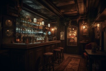 Dark, atmospheric bar adorned with vintage decorations, exuding a speakeasy ambiance. Generative AI