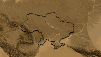 Shape of Ukraine. Bevelled. Sepia elevation.