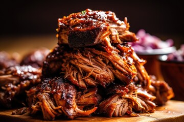 close-up of juicy smoked bbq pulled pork