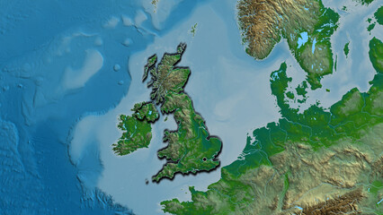 Shape of United Kingdom. Bevelled. Physical. © zelwanka
