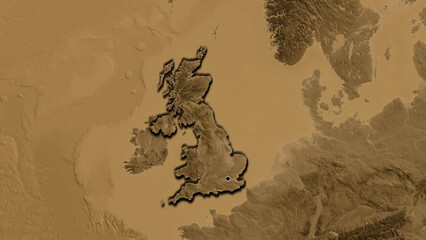 Shape of United Kingdom. Bevelled. Sepia elevation.