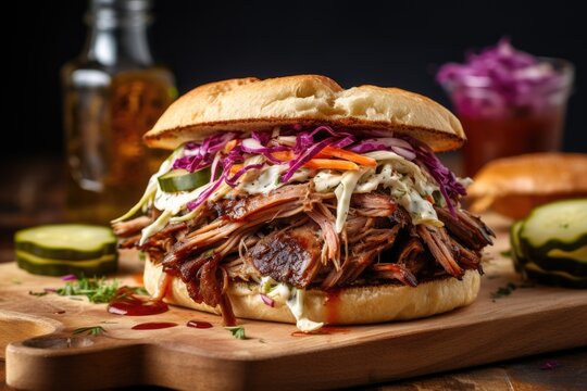 pulled pork sandwich with coleslaw and pickles
