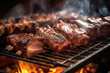 close-up of juicy bbq ribs in a smoker - obrazy, fototapety, plakaty