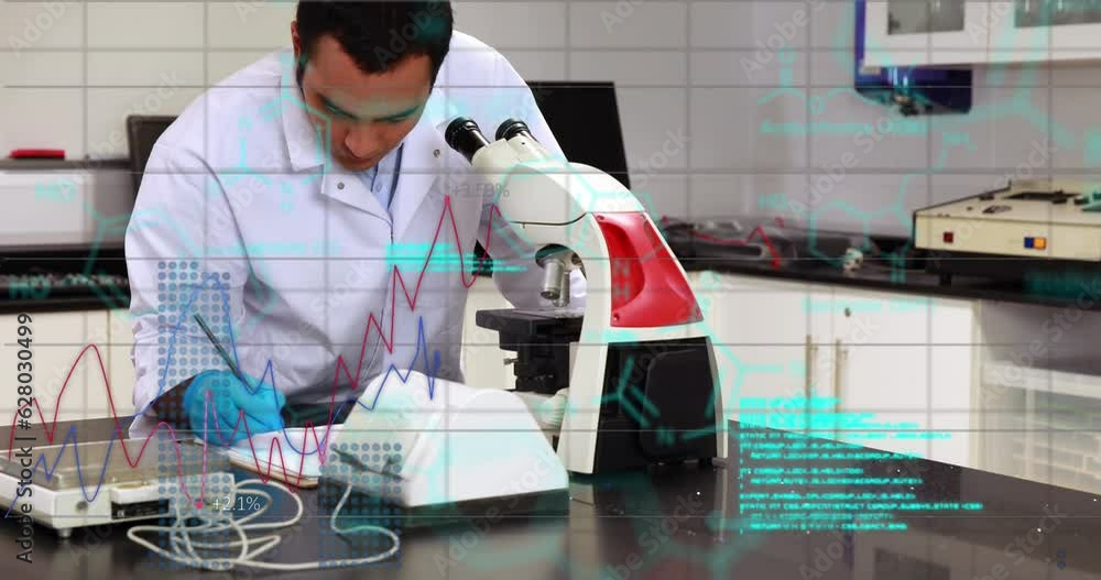 Poster animation of scientific data processing over biracial male scientist with microscope in laboratory