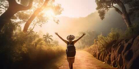 Female Hiker on an Endless Road, Welcoming the Rising Sun with Open Arms Amidst Tropical Trees
