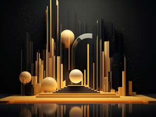 Abstract contrast black and golden yellow scene with geometric shapes. visualization AI