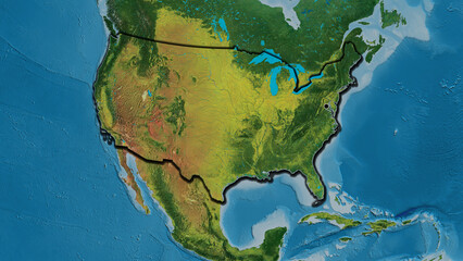 Shape of United States of America. Bevelled. Topographic.