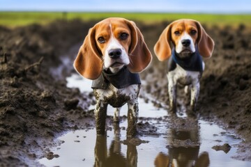 beagles paw prints in mud while following scent