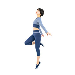 ジャンプするスポーツウェアを着た若い女性　背景透過切り抜きPNG