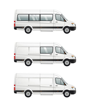 A set of vector images of variants of minibuses with an extended base. Passenger, cargo-passenger, cargo. Urban transport.
