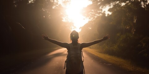 Female Hiker on an Endless Road, Welcoming the Rising Sun with Open Arms Amidst Tropical Trees
