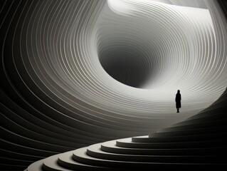 Abstract minimalistic interior black and white tunnel and silhouette of a woman in it. AI